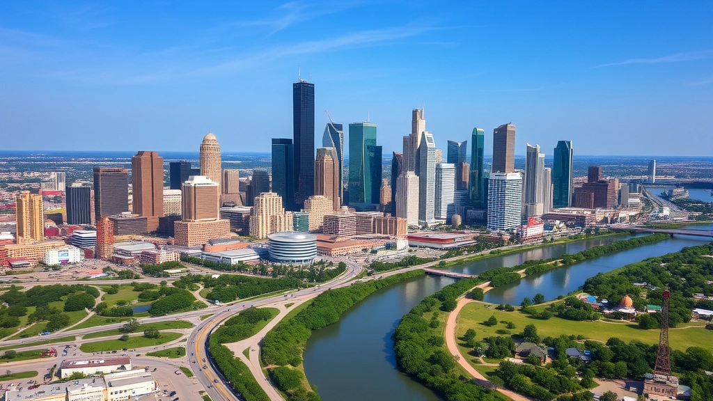 Aerial view of Houston skyline with downtown towers and Buffalo Bayou, professional travel photography, daytime, clear weather, no text or signs