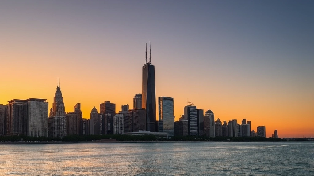 Chicago skyline at sunset with Lake Michigan reflecting skyscrapers, Willis Tower prominent, golden hour lighting, professional travel composition, no text visible