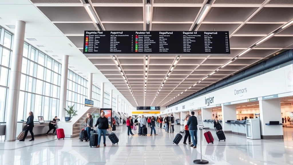Modern airport terminal interior with check-in counters, departure boards, travelers with luggage, bright lighting, bustling atmosphere, no readable text or signage