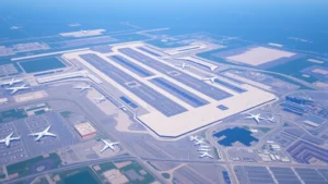 Aerial view of Dallas-Fort Worth International Airport with multiple runways and commercial aircraft, blue sky, modern infrastructure, expansive parking areas, Texas landscape visible