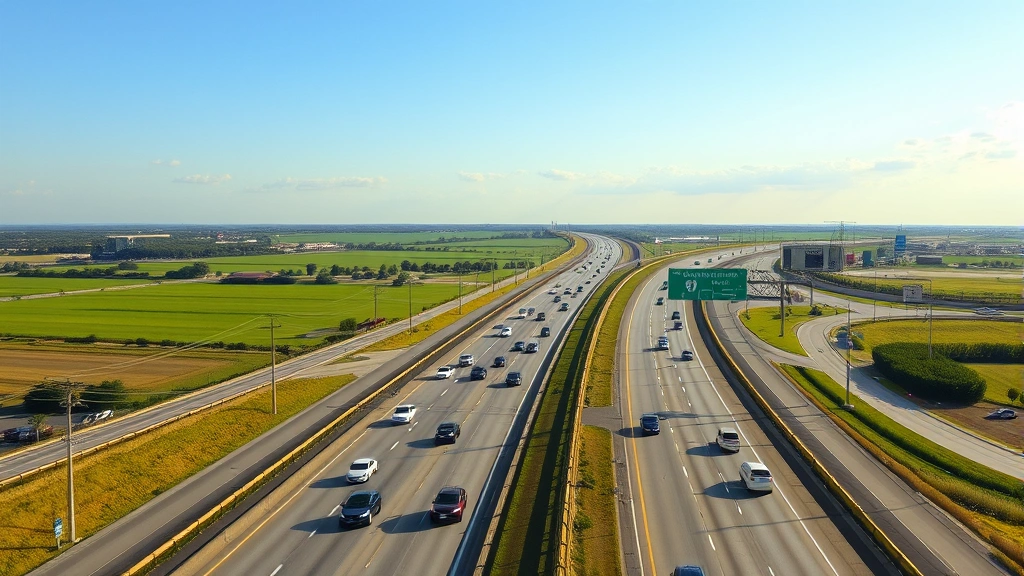 Highway I-45 corridor between Houston and Dallas showing multiple lanes of traffic, Texas landscape with green fields, clear sky, afternoon light, modern highway infrastructure