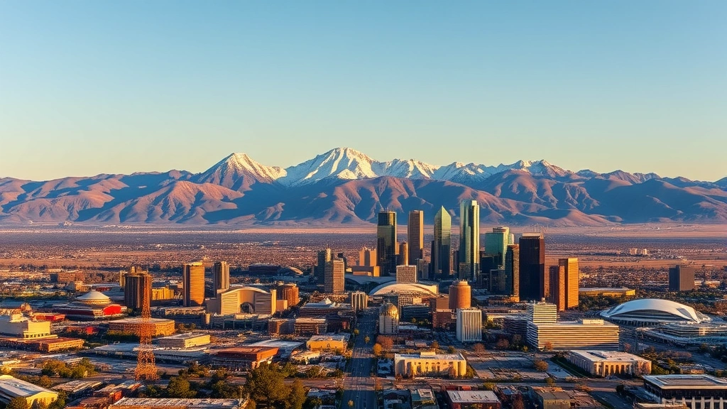 Aerial view of Denver skyline with Rocky Mountains in background, golden hour lighting, modern cityscape meeting mountain peaks, vibrant downtown district visible, clear blue sky