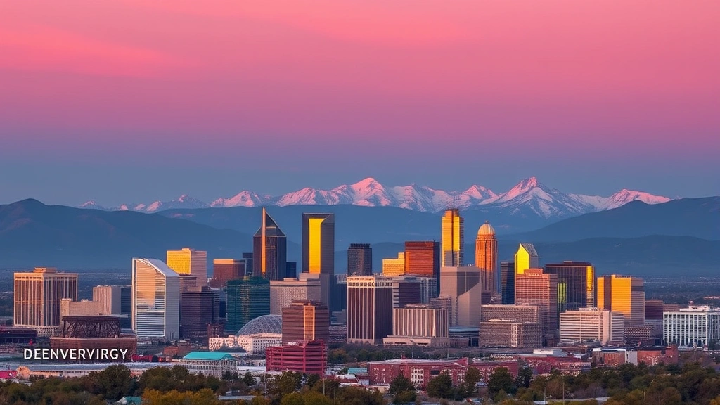Denver skyline with Rocky Mountains backdrop at sunset, downtown skyscrapers and Front Range peaks visible, golden hour lighting, vibrant cityscape