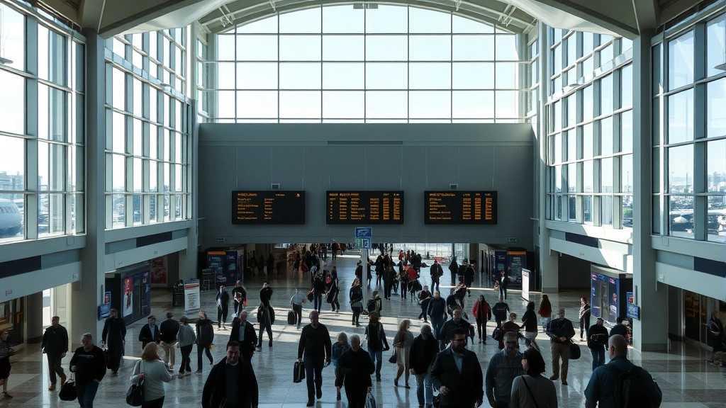 Modern airport terminal interior at Denver International Airport with travelers walking through, natural light from large windows, contemporary architecture, bustling passenger activity