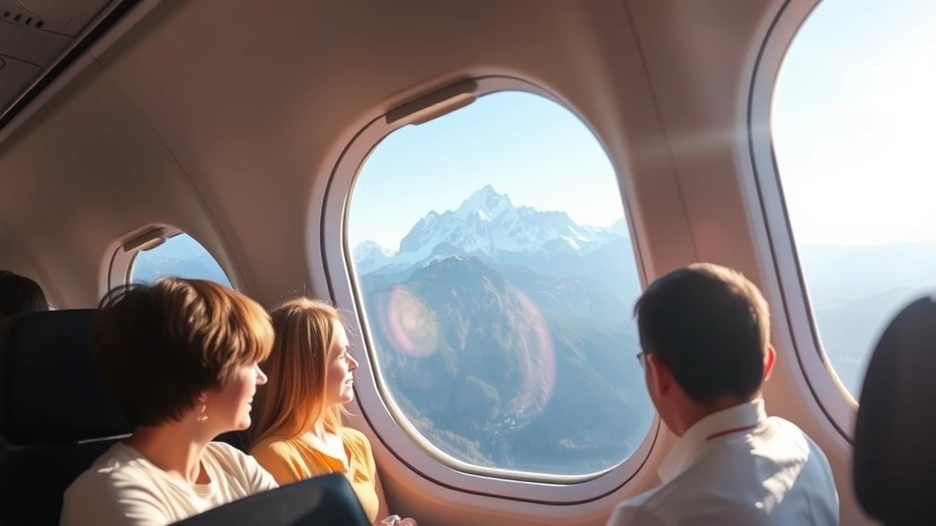 Modern airplane cabin interior during flight with window view of mountain landscape below, bright daylight, passengers seated comfortably