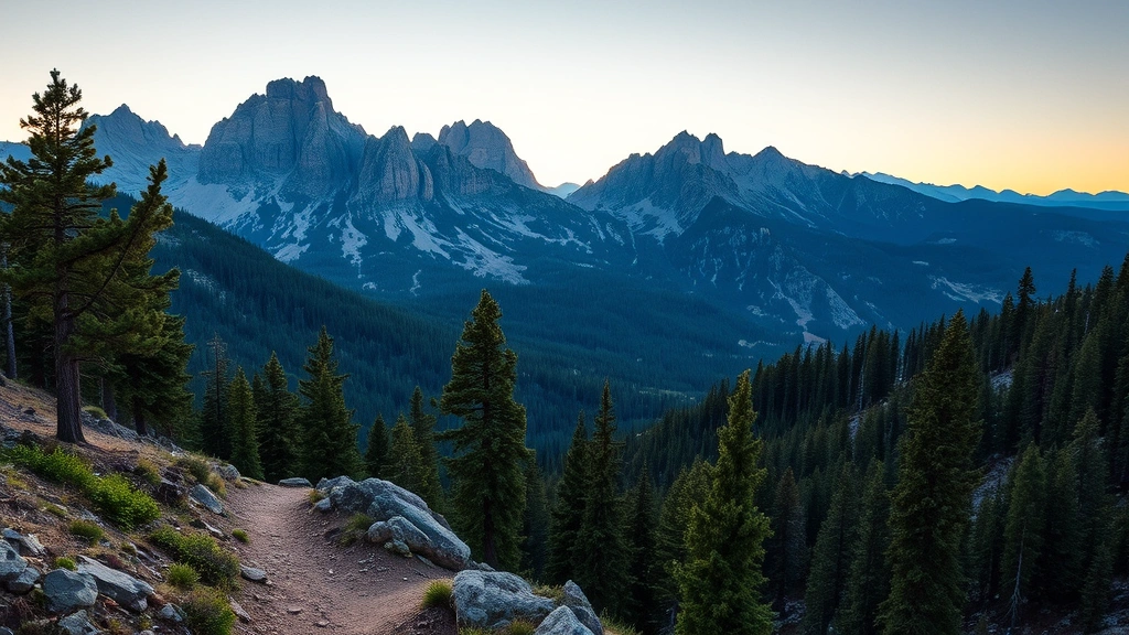 Mountain landscape near Denver showing scenic hiking trail, pine forest, dramatic rocky peaks, clear alpine air, sunset lighting creating warm tones, adventure-focused composition