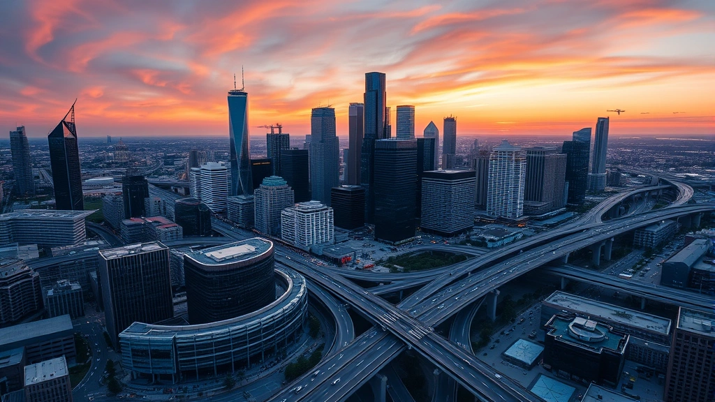 Aerial view of Houston skyline with modern skyscrapers and highways at sunset, photorealistic cityscape, no text or signs visible, vibrant urban landscape
