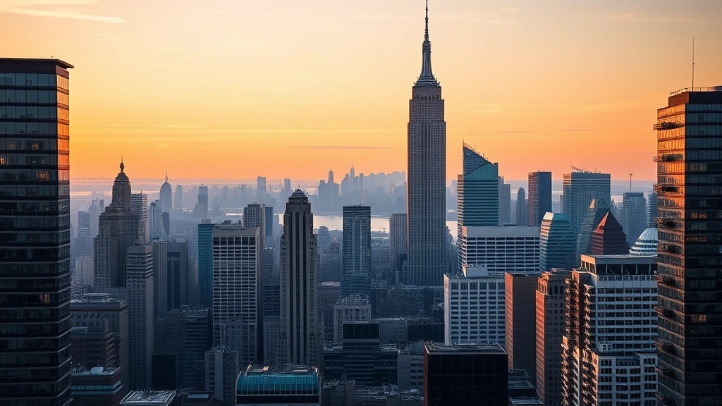 New York City Manhattan skyline featuring Empire State Building and One World Trade Center at dawn, photorealistic architectural photography, no street signs or text, golden hour lighting