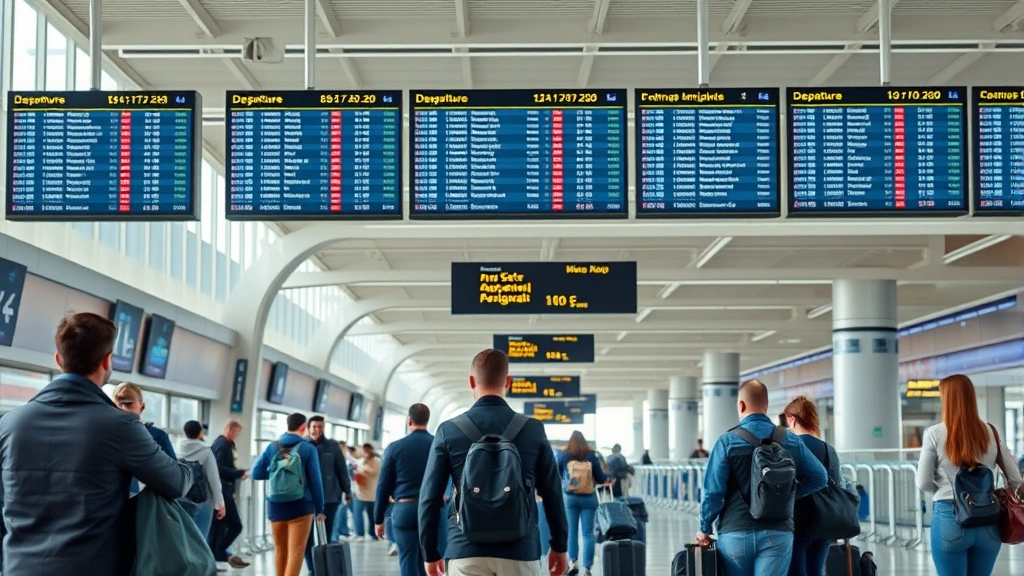 Busy airport terminal interior showing departure boards and travelers with luggage, photorealistic travel scene, modern airport infrastructure, no visible flight numbers or specific text, natural lighting