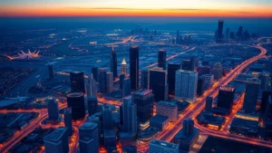 Aerial view of Houston's skyline at sunset with IAH and HOU airports visible in the distance, modern highways connecting them, vibrant city lights reflecting off buildings, clear sky with aircraft contrails