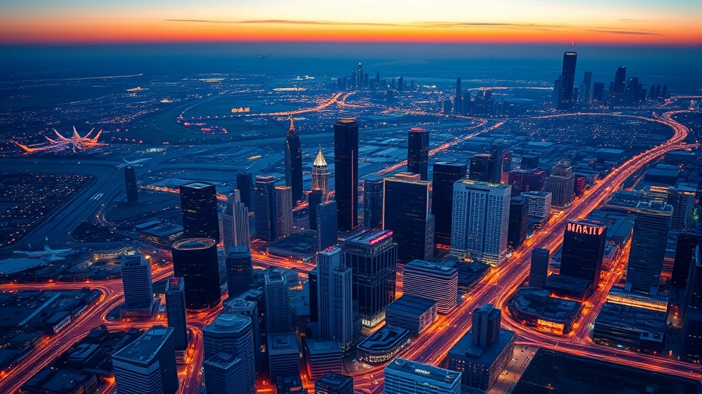 Aerial view of Houston's skyline at sunset with IAH and HOU airports visible in the distance, modern highways connecting them, vibrant city lights reflecting off buildings, clear sky with aircraft contrails
