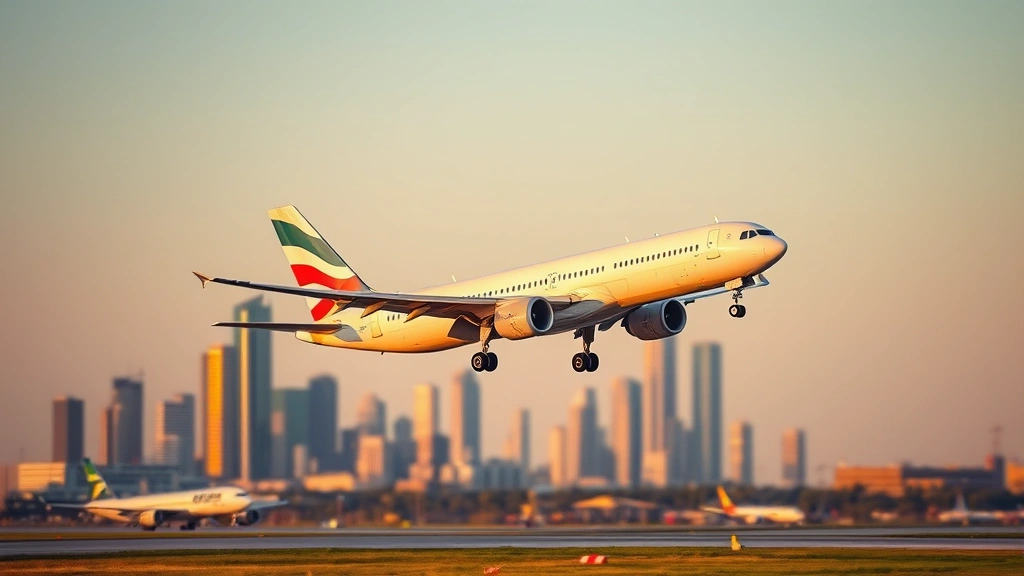 Modern commercial aircraft taking off from Houston airport runway at golden hour, city skyline blurred in background, dynamic motion, clear weather, professional aviation photography capturing the journey beginning