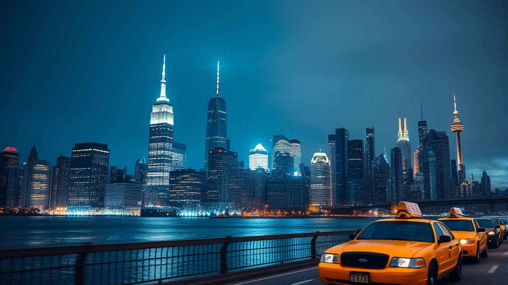 Manhattan skyline with Empire State Building and One World Trade Center at night, bright city lights reflecting in Hudson River, yellow taxi cabs on street level, iconic New York City arrival scene