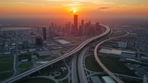 Aerial photograph of Houston skyline with highways and urban development during golden hour sunset, showing Texas landscape diversity