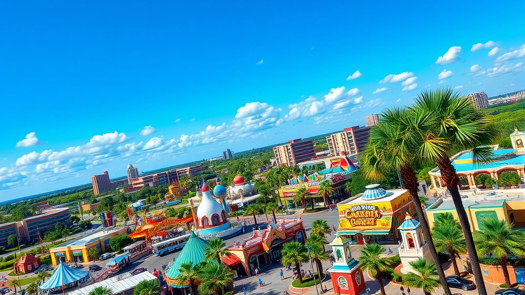 Vibrant Orlando theme park landscape with clear blue skies and colorful attractions visible from above, featuring palm trees and entertainment areas