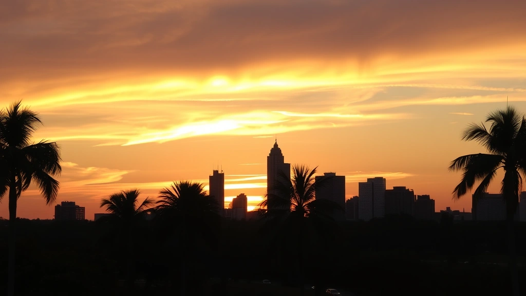 Sunset over Orlando skyline with palm trees silhouetted against golden and pink sky, capturing Florida's tropical evening atmosphere