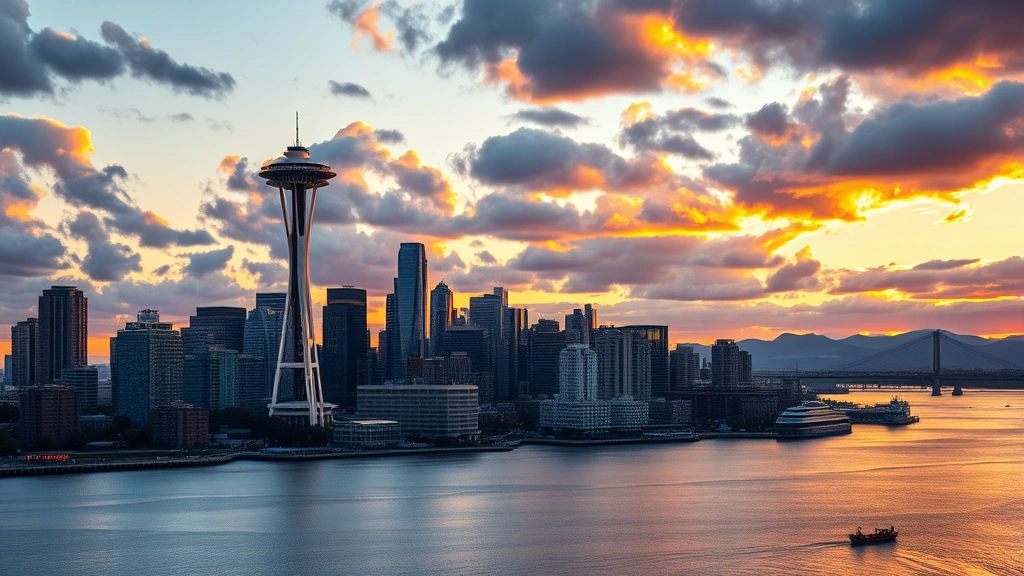 Vibrant Seattle skyline at sunset with Space Needle prominently featured, modern cityscape reflecting in Puget Sound waters, dramatic clouds above, golden hour lighting