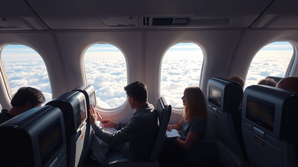 Passengers inside modern aircraft cabin during flight, window view of clouds and sky, people using in-flight services, bright natural light streaming through windows