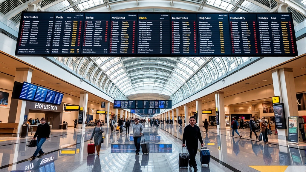 Houston airport terminal interior with departure boards, modern architecture, travelers with luggage walking, contemporary travel hub aesthetic, professional lighting