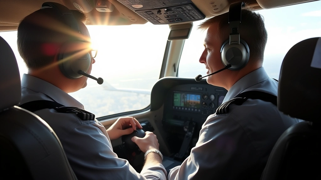 Pilot in cockpit wearing headset, hands on control yoke, modern aircraft dashboard visible, natural sunlight streaming through windscreen, realistic photographic style, scenic horizon through windows