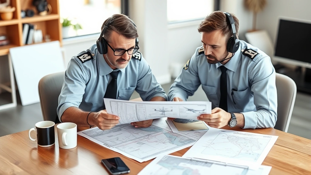 Flight instructor and student pilot reviewing flight charts and navigation materials at wooden table, coffee cups nearby, focused concentration, natural indoor lighting, professional training environment