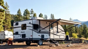 Modern Jayco Jay Flight travel trailer parked at scenic mountain campground with pine trees and clear sky, showing exterior design and awning extended for outdoor living space