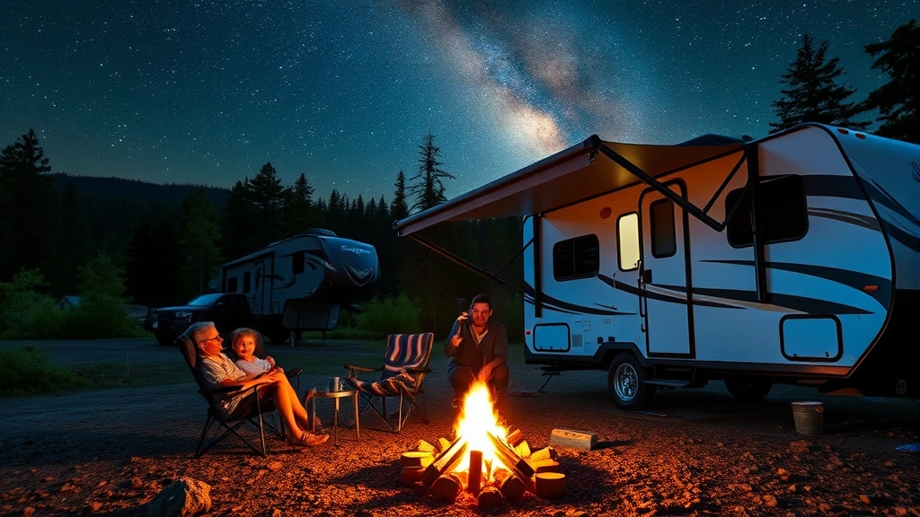 Family enjoying outdoor camping near Jayco Jay Flight trailer with campfire setup, comfortable chairs, and starry night sky visible above forest landscape