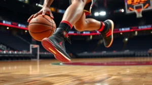 Professional basketball player wearing black and red Jordan Flight Court shoes performing explosive crossover dribble on indoor hardwood court with stadium lighting