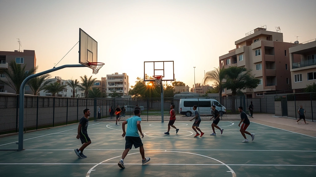 Outdoor basketball court in Amman Jordan with modern hoop and backboard, evening golden hour lighting, local players in action mid-game, urban neighborhood buildings in background