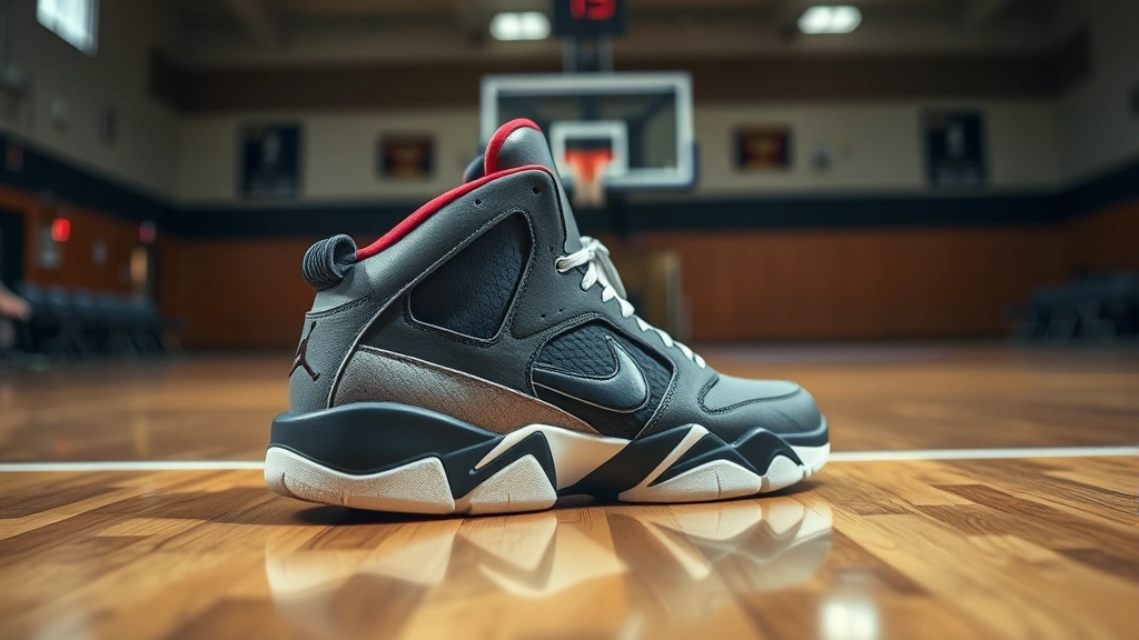 Close-up of Jordan Flight Court sneaker on wooden basketball court floor, professional quality image showing shoe detail and court texture, indoor facility setting