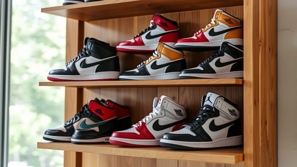 Vintage Jordan Flight Court sneakers displayed on wooden shelf with multiple colorways including black-red, white-black, and limited edition variants in natural lighting