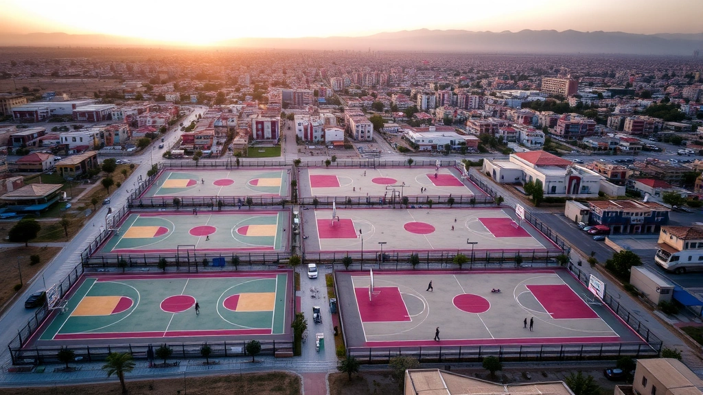 Aerial view of multiple basketball courts in Jordanian city, sunset or sunrise lighting, players scattered across courts, urban landscape and mountains visible in distance