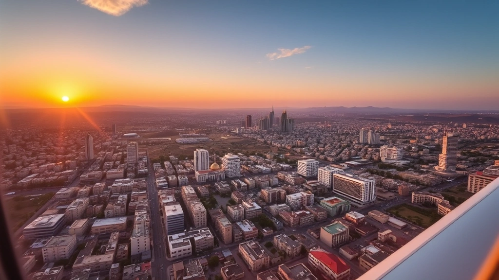 Aerial view of Amman cityscape at sunset with modern buildings and ancient architecture blended together, golden hour lighting, panoramic perspective from aircraft window showing Jordan's capital sprawling across hills