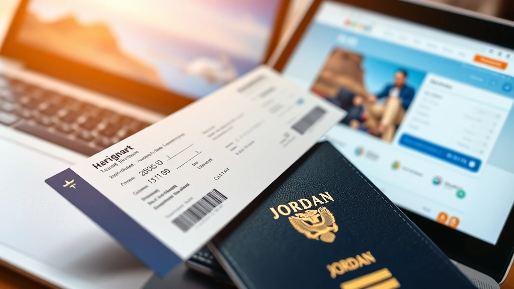 Close-up of an airline boarding pass and passport on a travel desk with a laptop showing flight booking website, warm natural light streaming across travel documents, ready for Jordan adventure