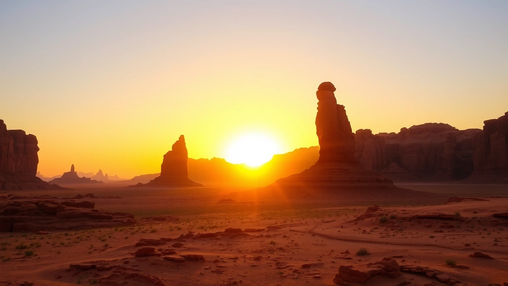 Sunset over Wadi Rum desert landscape with towering red rock formations and dramatic shadows, golden and orange hues lighting the ancient rock pillars, desert wilderness perspective showing Jordan's iconic natural beauty