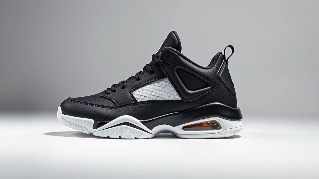 Professional product photography of Jordan True Flight sneaker in classic black and white colorway, displayed on minimalist white surface with dramatic side lighting highlighting shoe contours and premium material textures, clean studio background