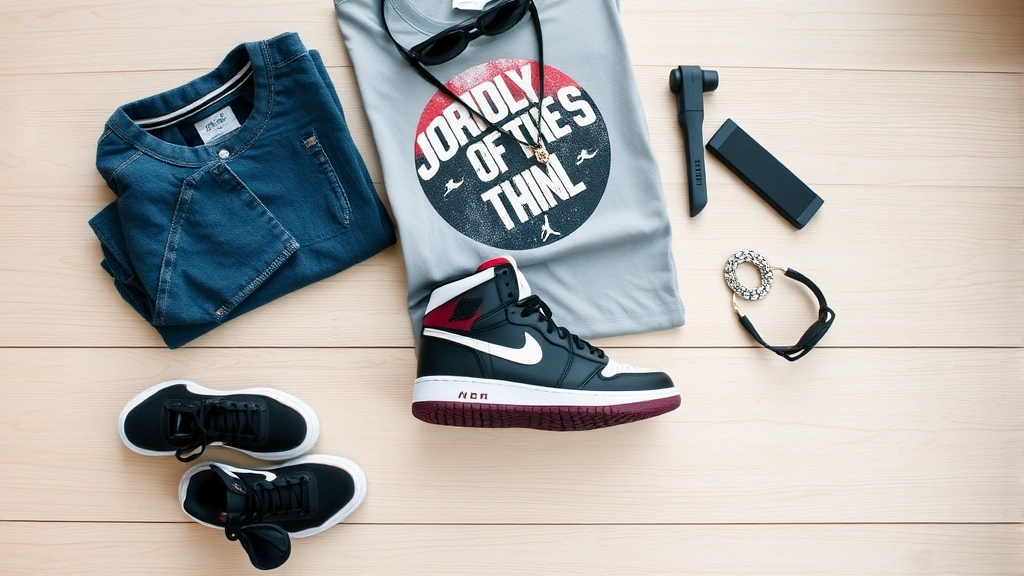 Lifestyle flat lay composition showing Jordan True Flight sneaker styled with casual streetwear pieces including folded jeans, graphic t-shirt, and accessories arranged artfully on light wooden surface with natural window lighting