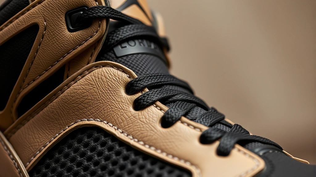 Close-up detailed shot of Jordan True Flight sneaker showing intricate stitching, material transitions, and craftsmanship details with macro photography revealing leather grain and construction quality against blurred neutral background