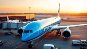 Modern Boeing 787 Dreamliner aircraft in KLM blue livery parked at Amsterdam airport terminal with ground vehicles nearby, golden hour lighting, professional aviation photography