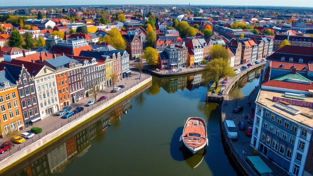 Aerial view of Amsterdam's iconic canal system with colorful historic buildings reflected in waterways, traditional Dutch architecture, sunny day, vibrant cityscape