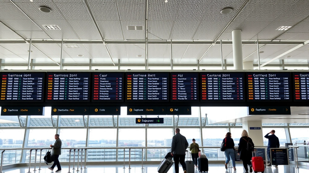 Amsterdam Schiphol Airport modern terminal interior with departure boards, international travelers with luggage, contemporary architecture, natural lighting through large windows