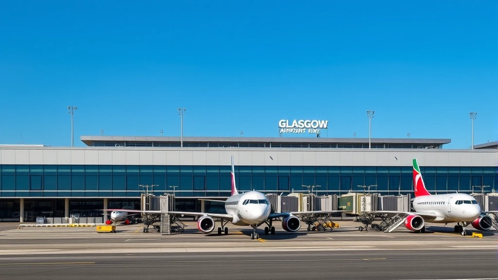 Glasgow Airport terminal building exterior with aircraft parked at gates, modern Scottish airport infrastructure, blue sky, no signage text readable