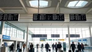 Modern airport terminal with departure boards displaying flight information, passengers walking with luggage, natural daylight streaming through large windows, Incheon International Airport aesthetic, contemporary architecture