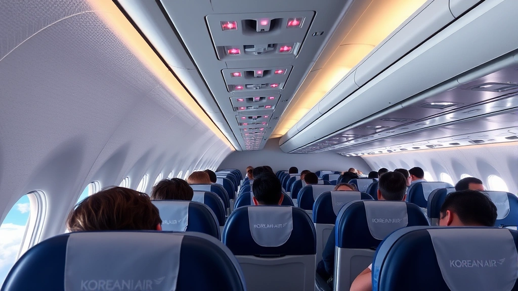 Airplane cabin interior showing passengers during flight, overhead compartments, window views of clouds below, Korean Air branded seat covers and amenities, authentic in-flight experience