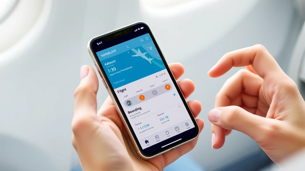 Smartphone displaying Korean Air mobile app with flight status tracking screen, real-time flight map, gate information and boarding details, modern UI design, hands holding device