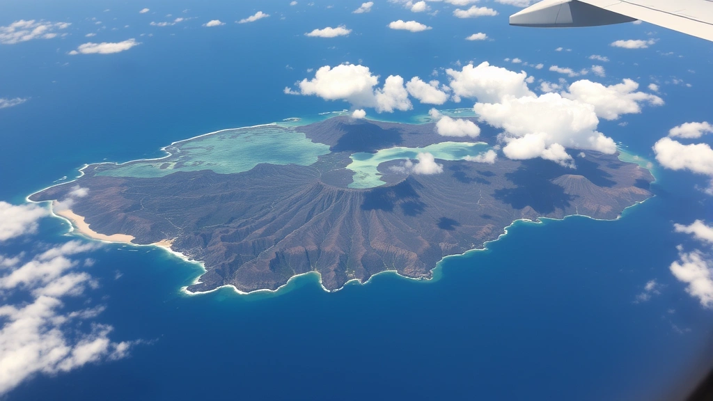 Aerial photograph of Hawaiian islands from commercial flight altitude showing volcanic terrain, white sand beaches, and turquoise ocean waters surrounding Oahu