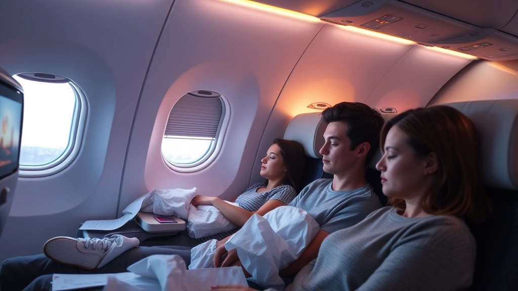 Modern aircraft cabin interior with passengers sleeping comfortably, soft cabin lighting, window shades down, peaceful atmosphere