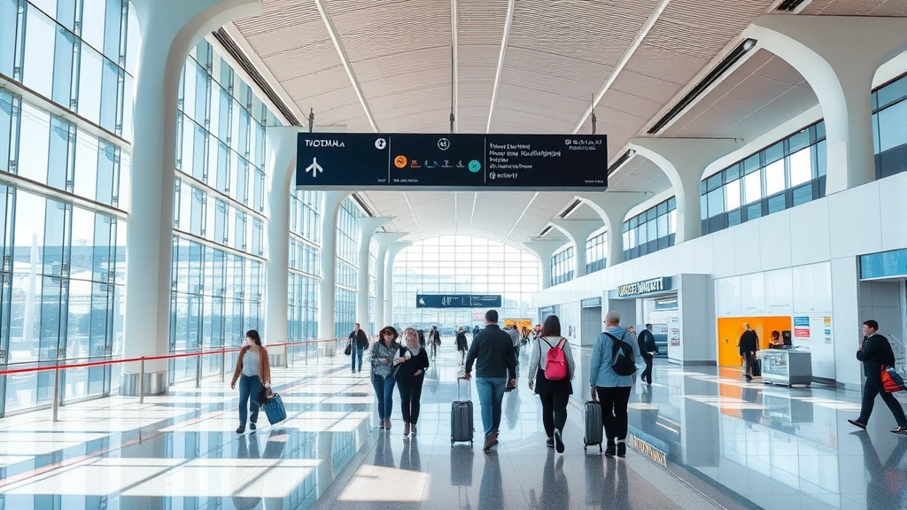 Tokyo Haneda Airport modern terminal interior with travelers walking, clean architecture, natural light streaming in, vibrant airport energy