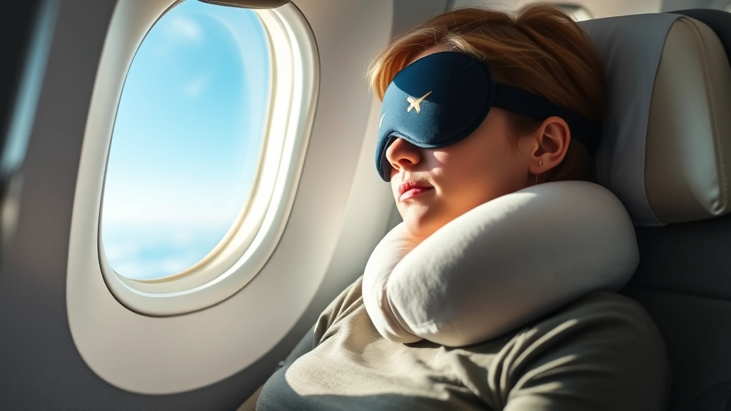 Passenger resting comfortably in airplane seat with neck pillow and eye mask, demonstrating long-haul flight comfort setup with window view