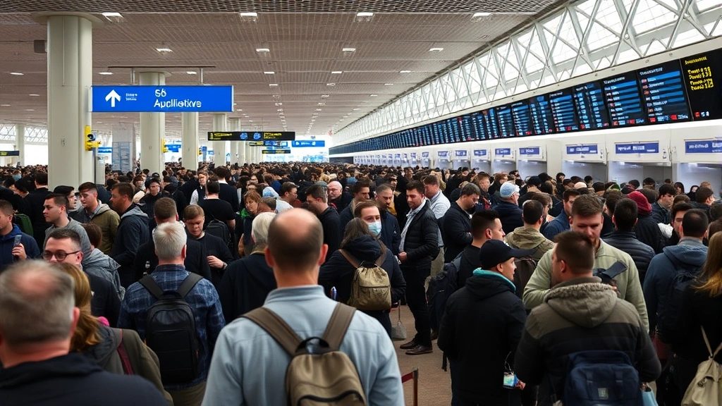 Crowded airport terminal with large crowds of travelers standing in long security lines and checking flight information boards, busy holiday travel atmosphere